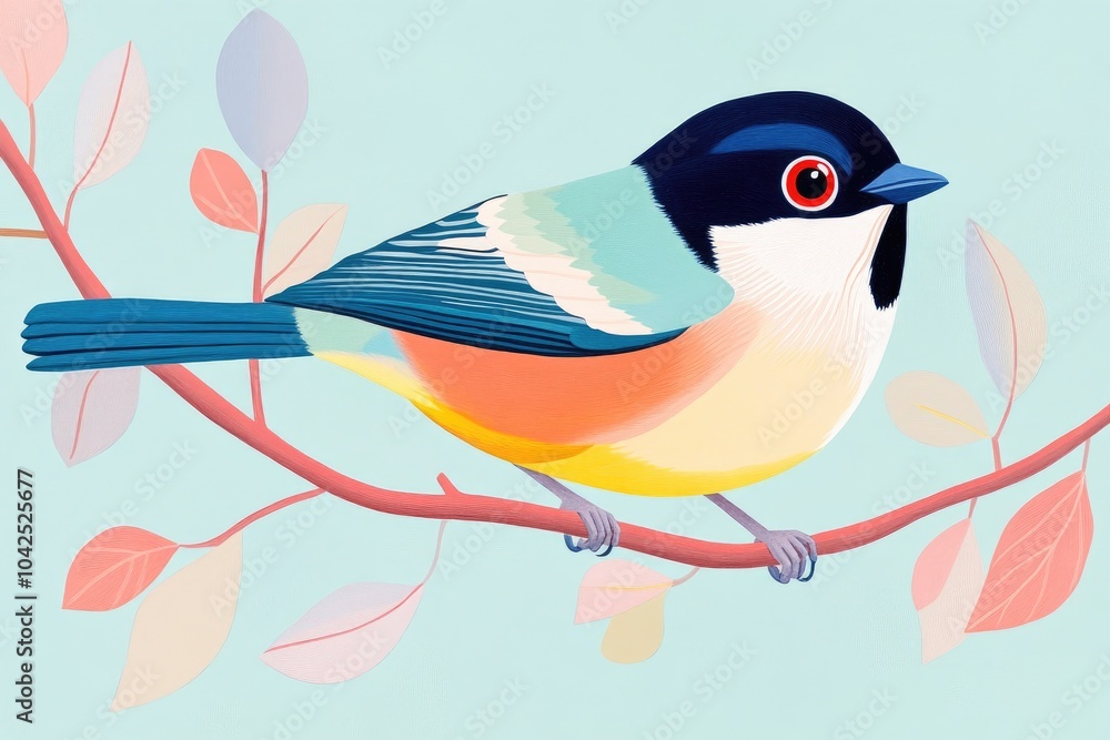 Fototapeta premium Illustration of a great tit bird resting on a branch