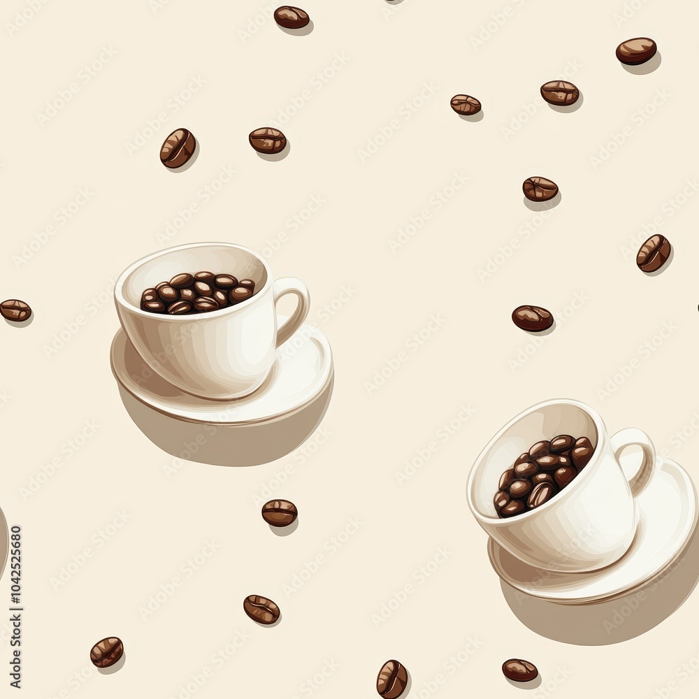 Obraz premium A seamless pattern featuring coffee cups filled with beans, surrounded by coffee beans on a light background.