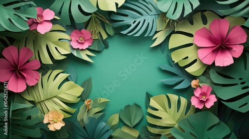 Tropical palm and monstera leaves with floral accents create a frame for product display Summery foliage and origami inspired jungle elements form a vibrant background in a 3D paper cut style