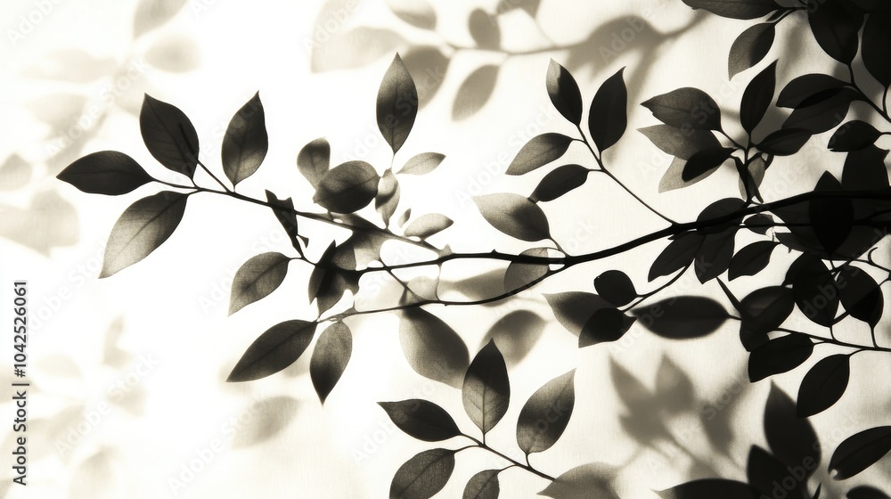 Abstract silhouette of natural leaves and tree branches casting a transparent blurry shadow on a white background illuminated by morning sunlight Abstract silhouette of natural leaves and tree branches casting a transparent blurry shadow on a white background illuminated by morning sunlight