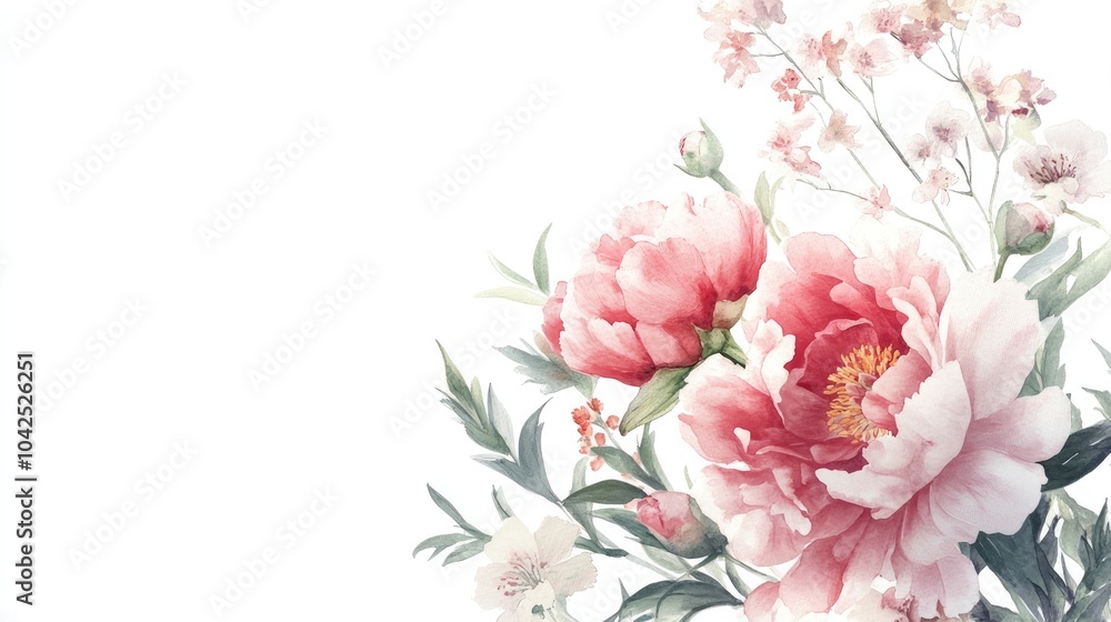 A watercolor illustration featuring a bouquet of pink peony and gillyflowers set against a white background A watercolor illustration featuring a bouquet of pink peony and gillyflowers set against a white background