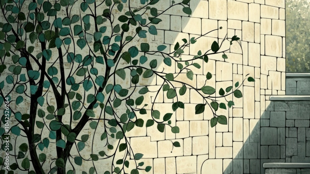 Fototapeta premium Ivy Climbing on a Brick Wall with Light Reflection