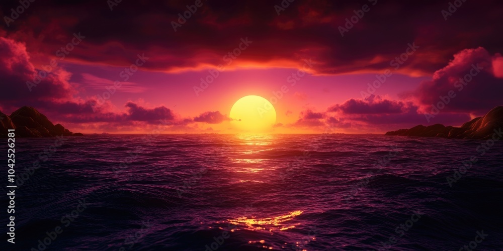 Sunset over the ocean with a distant horizon, Ocean sunset with distant horizon Sunset over the ocean with a distant horizon, Ocean sunset with distant horizon