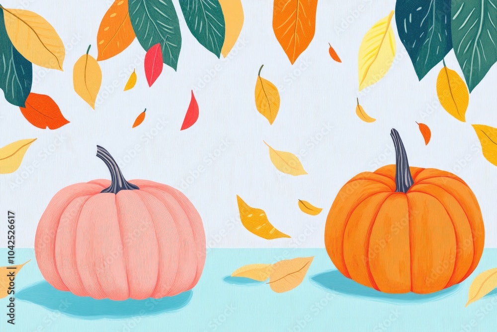 Naklejka premium Illustration of a festive autumn banner featuring yellow leaves and pumpkins on textured fabric perfect for seasonal celebrations and promotions