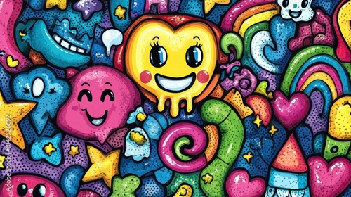 A colorful doodle pattern with happy faces, stars, hearts, rainbows, and other whimsical shapes.