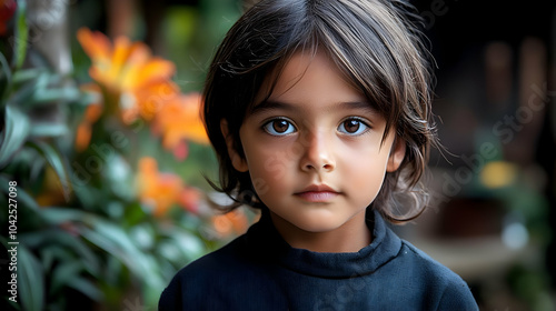 A young child gazes thoughtfully amidst vibrant flowers.