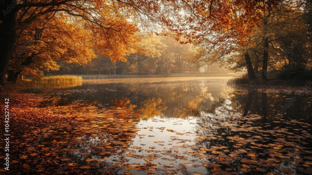 Golden and red leaves frame a calm lake, their reflections shimmering on the still water. Fallen leaves drift softly while warm sunlight filters through the trees, creating a peaceful ambiance. Golden and red leaves frame a calm lake, their reflections shimmering on the still water. Fallen leaves drift softly while warm sunlight filters through the trees, creating a peaceful ambiance.