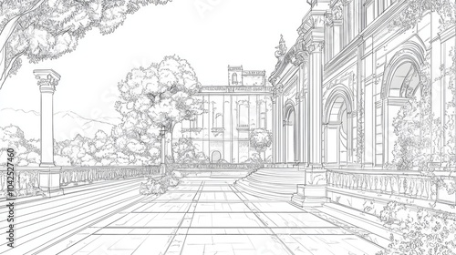 Line art illustration of a historic fortress and its main entrance yard featuring intricate architectural details