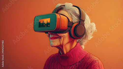 Elderly woman wearing VR he...