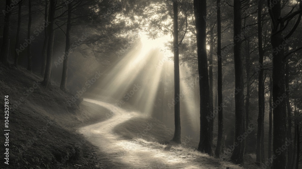 Obraz premium A winding path through a misty forest with sunbeams shining through the trees