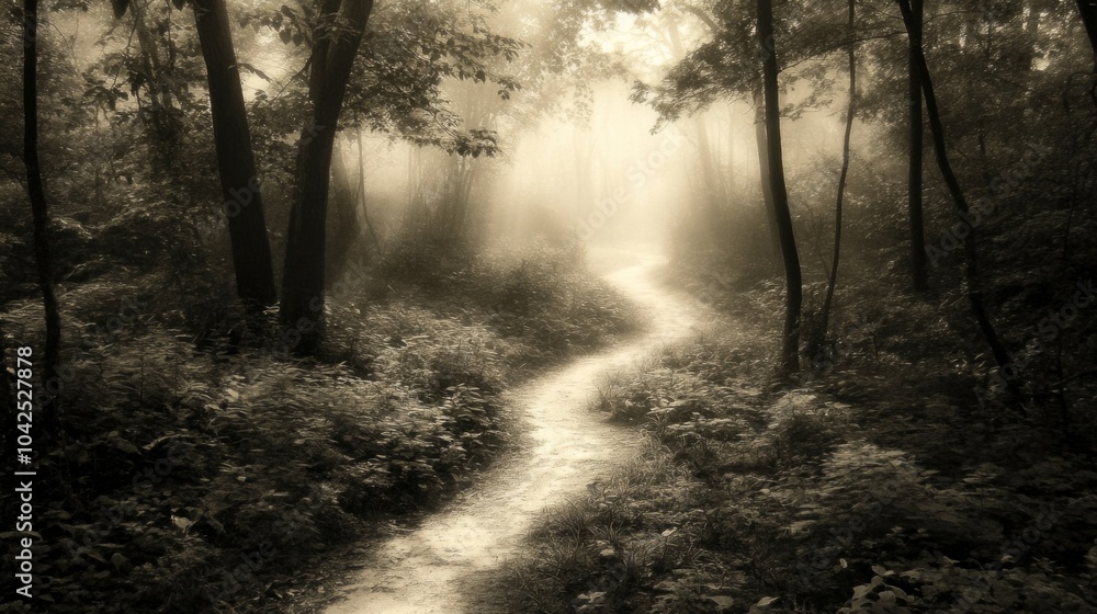 Fototapeta premium A winding path through a misty forest, illuminated by a faint light.