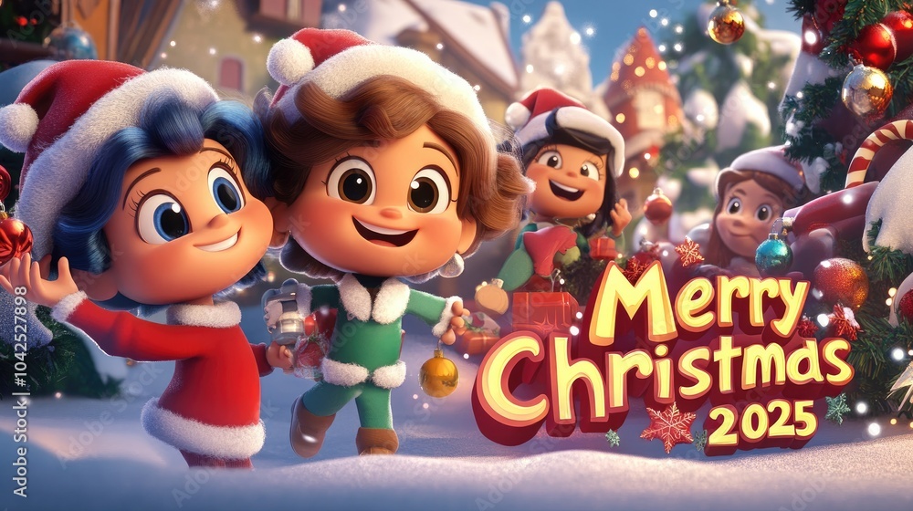 Fototapeta premium Playful Christmas Card Design with Cute Characters