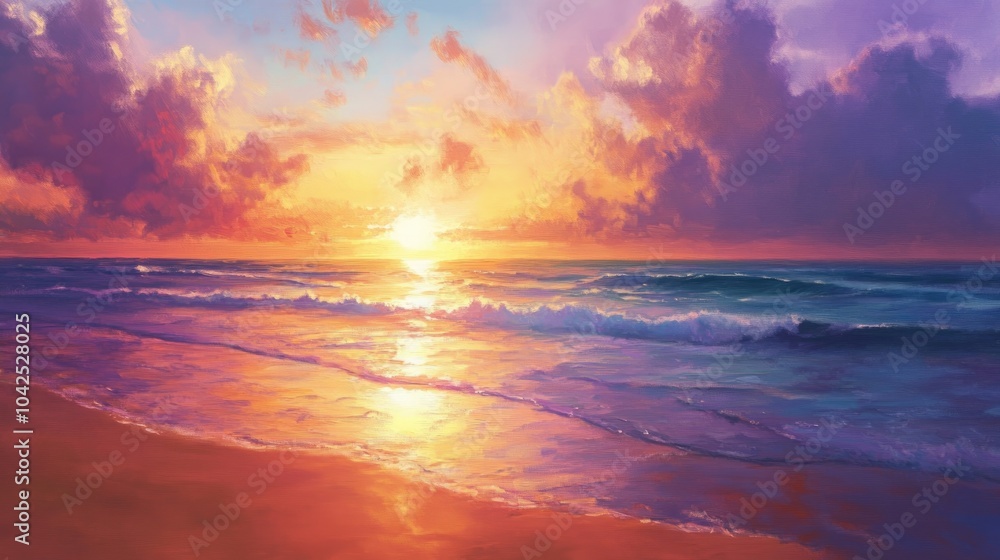 Fototapeta premium Oil painting depicting a seashore scene with a low tide and a vibrant sunset sky in the background showcasing the tranquil beauty of the ocean