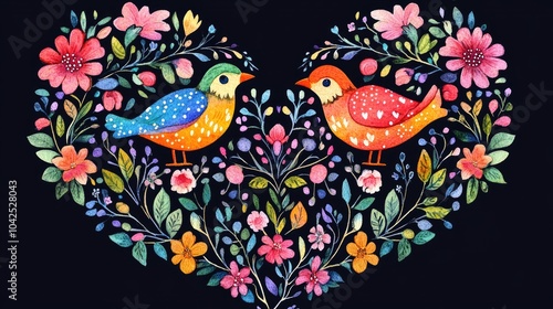 Heart adorned with ethnic floral motifs and two decorative birds in national colors Ornamental folk art design in a traditional style Watercolor suitable for wedding and love themed projects photo