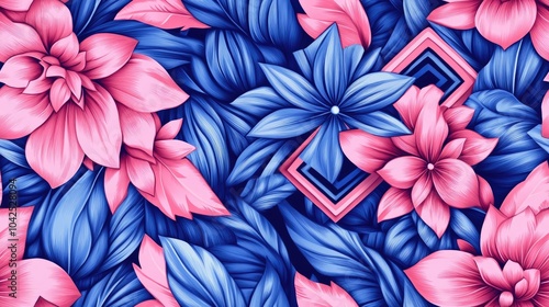 Wallpaper Mural Pink flower design within a pink floral tracery square set against a blue line rhombus geometric seamless pattern Vibrant oriental motif Torontodigital.ca