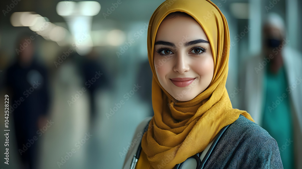 A smiling woman in a hijab, wearing a stethoscope in a hospital. A smiling woman in a hijab, wearing a stethoscope in a hospital.