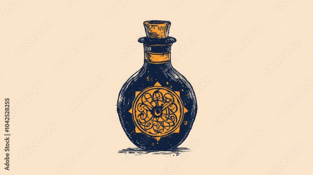 Hand drawn doodle of a mystical potion bottle featuring a minimalistic and mysterious design Hand drawn doodle of a mystical potion bottle featuring a minimalistic and mysterious design