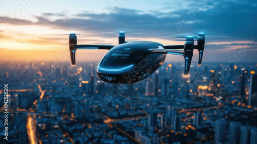 Futuristic electric powered flying taxi soaring above vibrant cityscape