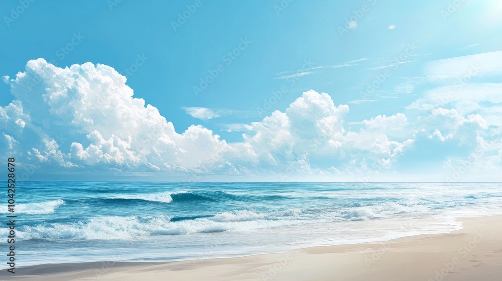 Obraz premium A tranquil beach scene with white sand, blue water and fluffy clouds in a bright blue sky.