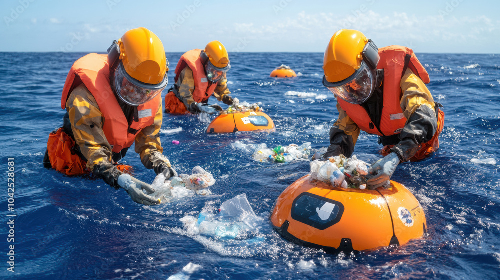Obraz premium Ocean cleanup robots gathering plastic waste in ocean, showcasing innovation and teamwork