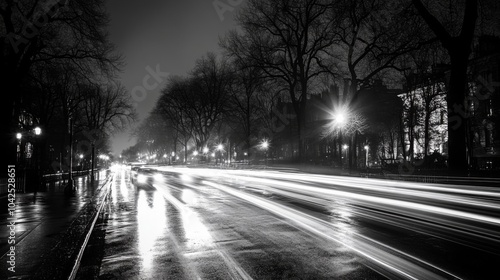 A Nighttime View of a Wet City Street with Traffic Lights and Silhouetted Trees
