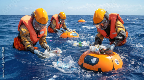Ocean cleanup robots gathering plastic waste in ocean, showcasing innovation and teamwork