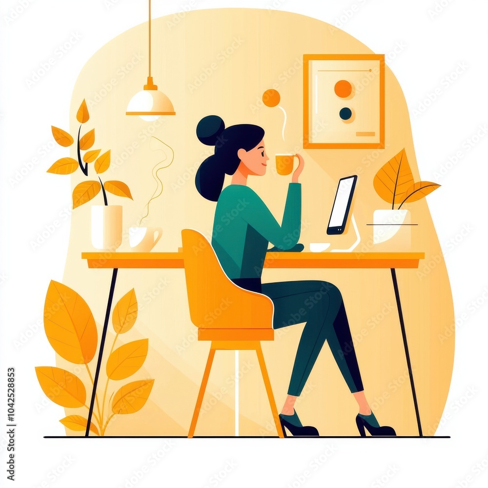 Cozy Home Office Scene with Woman Enjoying Coffee Cozy Home Office Scene with Woman Enjoying Coffee