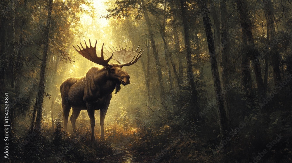 A majestic moose stands in a sunlit forest clearing. (1) A majestic moose stands in a sunlit forest clearing. (1)