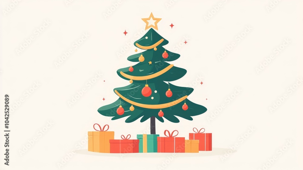 Flat illustration featuring a beautifully decorated Christmas tree with presents arranged beneath it Flat illustration featuring a beautifully decorated Christmas tree with presents arranged beneath it
