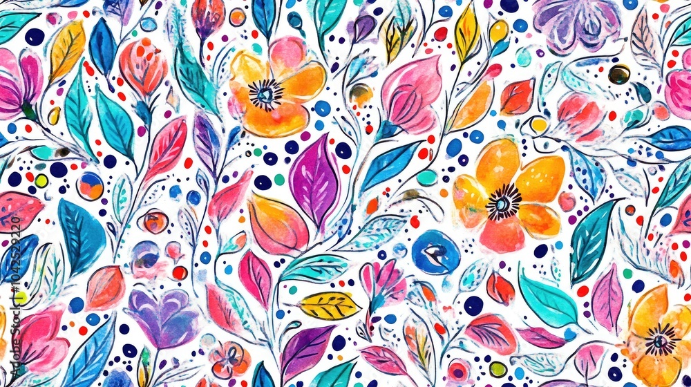 Fototapeta premium Hand painted abstract watercolor doodle sketch featuring a repeating pattern of ethnic flowers leaves and dots on an isolated background