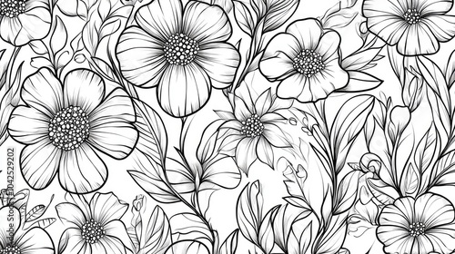 Wallpaper Mural Seamless floral background pattern featuring whimsical flowers and leaves in line art style reminiscent of embroidery presented as a 2D cartoon illustration Torontodigital.ca