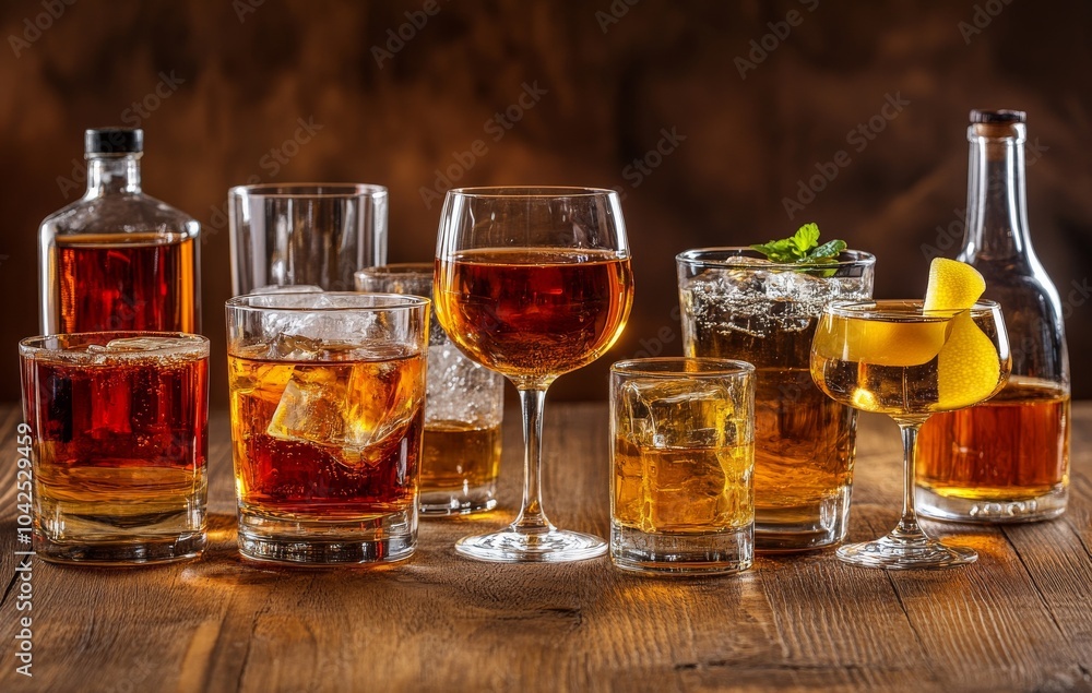 A variety of alcoholic beverages in glasses and bottles, including whiskey, rum, wine, and cocktails, on a wooden table. A variety of alcoholic beverages in glasses and bottles, including whiskey, rum, wine, and cocktails, on a wooden table.