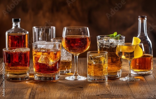 A variety of alcoholic beverages in glasses and bottles, including whiskey, rum, wine, and cocktails, on a wooden table. photo