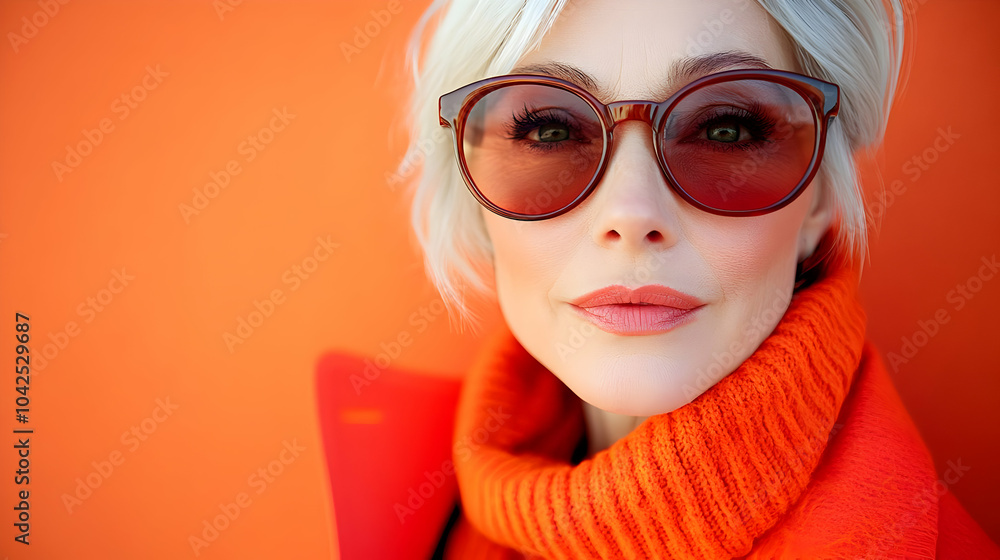 Stylish woman with short hair in sunglasses against an orange background. Stylish woman with short hair in sunglasses against an orange background.