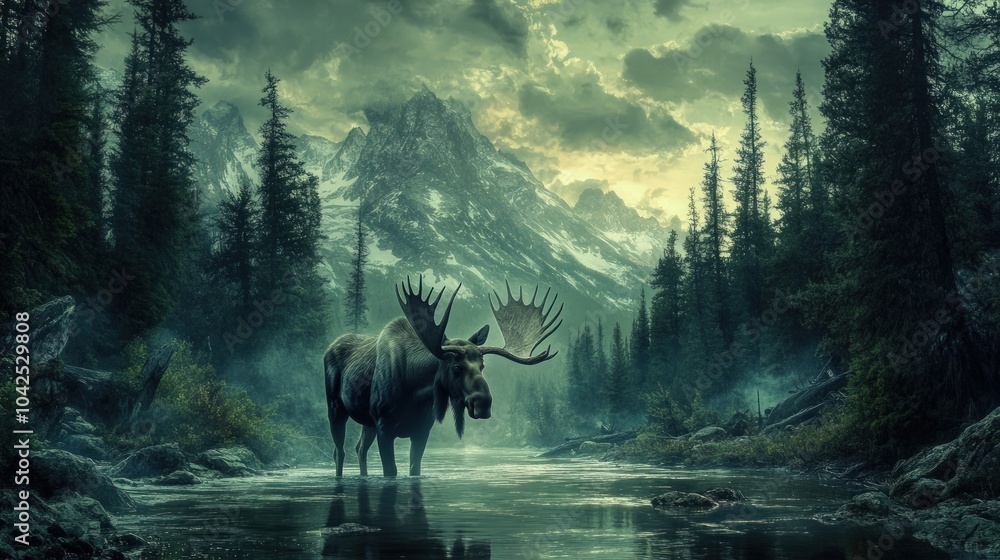 A majestic moose stands in a misty river, with a mountain range in the background. A majestic moose stands in a misty river, with a mountain range in the background.
