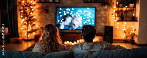 A man and woman are sitting on a couch in front of a television. The television is showing a Christmas movie. Scene is cozy and festive