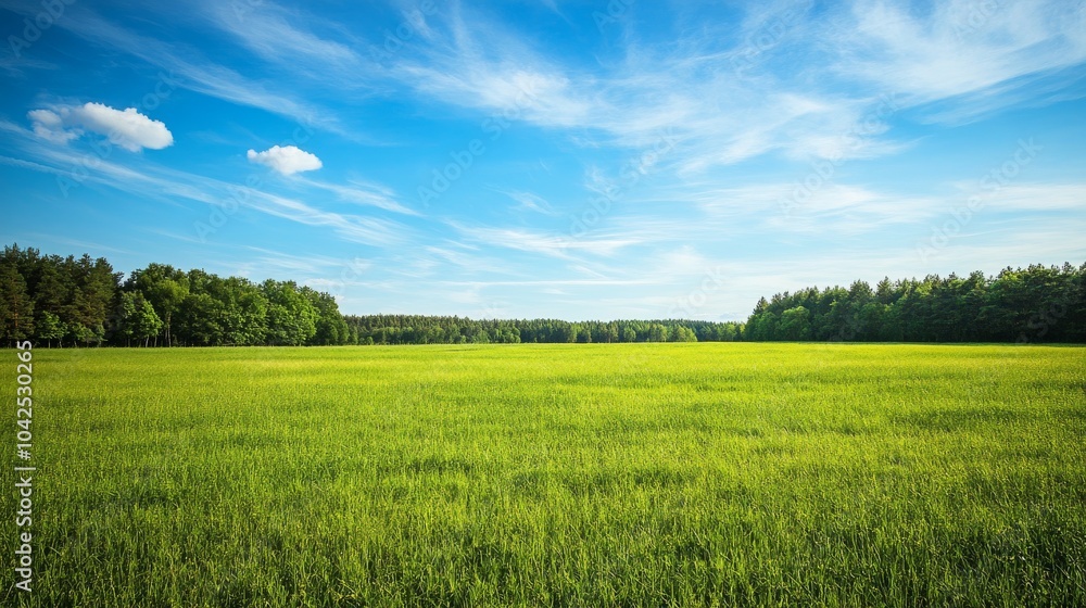 Obraz premium A vast green field extends towards a distant forest line under a blue sky with fluffy clouds.