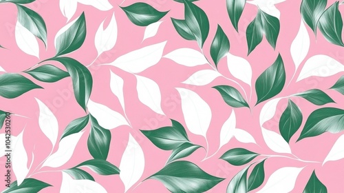 Pink Seamless Abstract Decorative Pattern with White Endless Bloom Seamless Wallpaper Featuring Green Repetitive Fashion Plant Design