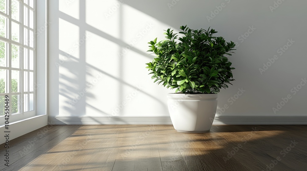Fototapeta premium 3D rendering of a living room featuring white walls and hardwood flooring highlighted by a large green plant at the center