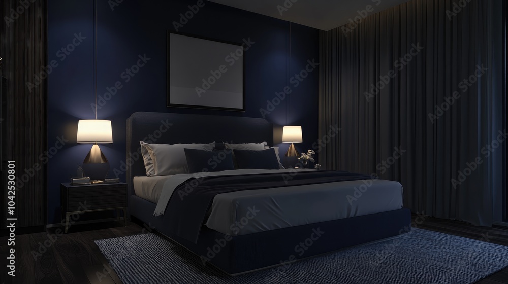 3D rendering of a modern bedroom interior featuring dark blue walls and a master bed flanked by two nightstand lamps 3D rendering of a modern bedroom interior featuring dark blue walls and a master bed flanked by two nightstand lamps