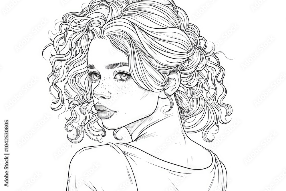 Coloring book illustration of a teenage girl with curly hair looking over her shoulder on a neutral backdrop