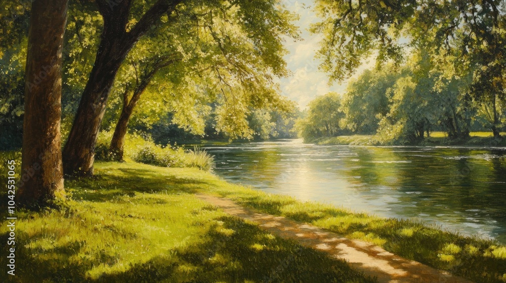 Fototapeta premium Oil painting depicting a serene green park beside a tranquil river illuminated by sunlight