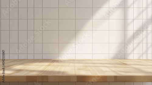 3D rendering of a wooden kitchen countertop with a blank space for product display against a wall of white tiles