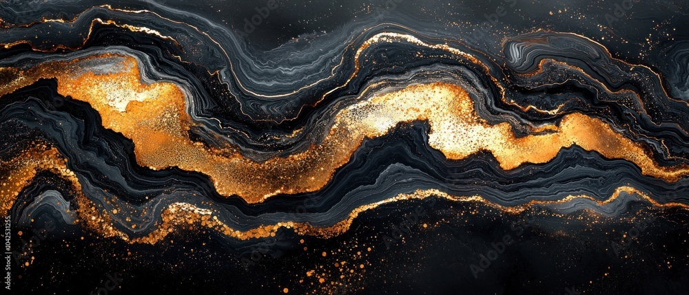 Fototapeta premium Abstract Black and Gold Swirling Marble Pattern with Glitter