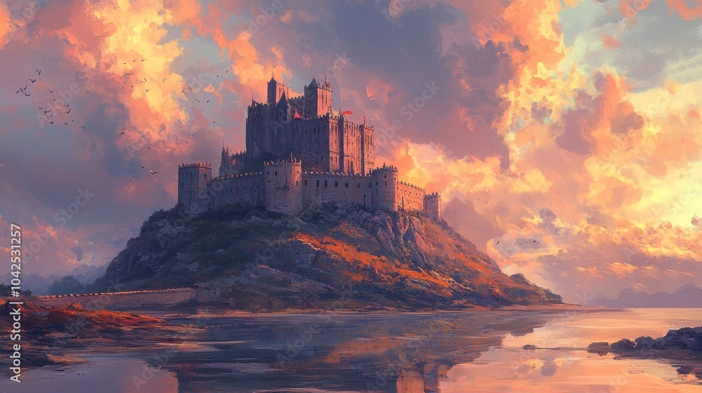 Obraz premium A majestic stone castle sits atop a rocky hill overlooking a calm body of water, bathed in the warm glow of a sunset.