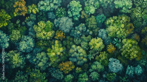 Aerial view oil painting showcasing a lush forest highlighting themes of ecosystem preservation nature conservation air quality and the importance of protecting our planet