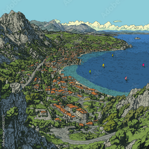 Vector illustration of a scenic coastal town with mountains and vibrant blue waters, featuring lush greenery, colorful sailboats, and winding roads, symbolizing Mediterranean beauty