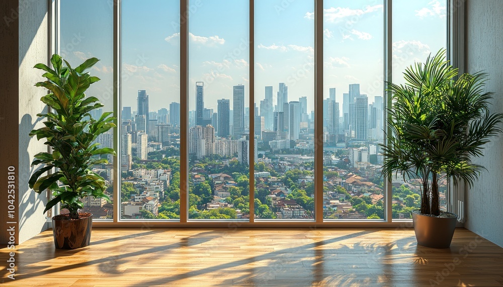 Fototapeta premium Large Window with City View and Two Potted Plants