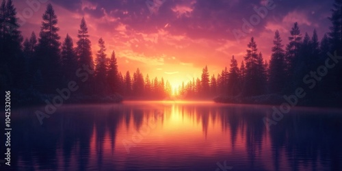 Tranquil summer forest with a serene lake and a vibrant sunset sky in the background, Serene forest landscape with tranquil lake and vibrant sunset sky