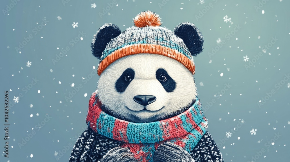 Portrait of a panda dressed in a knitted hat scarf and mittens embodying a colorful winter and cold weather theme Portrait of a panda dressed in a knitted hat scarf and mittens embodying a colorful winter and cold weather theme